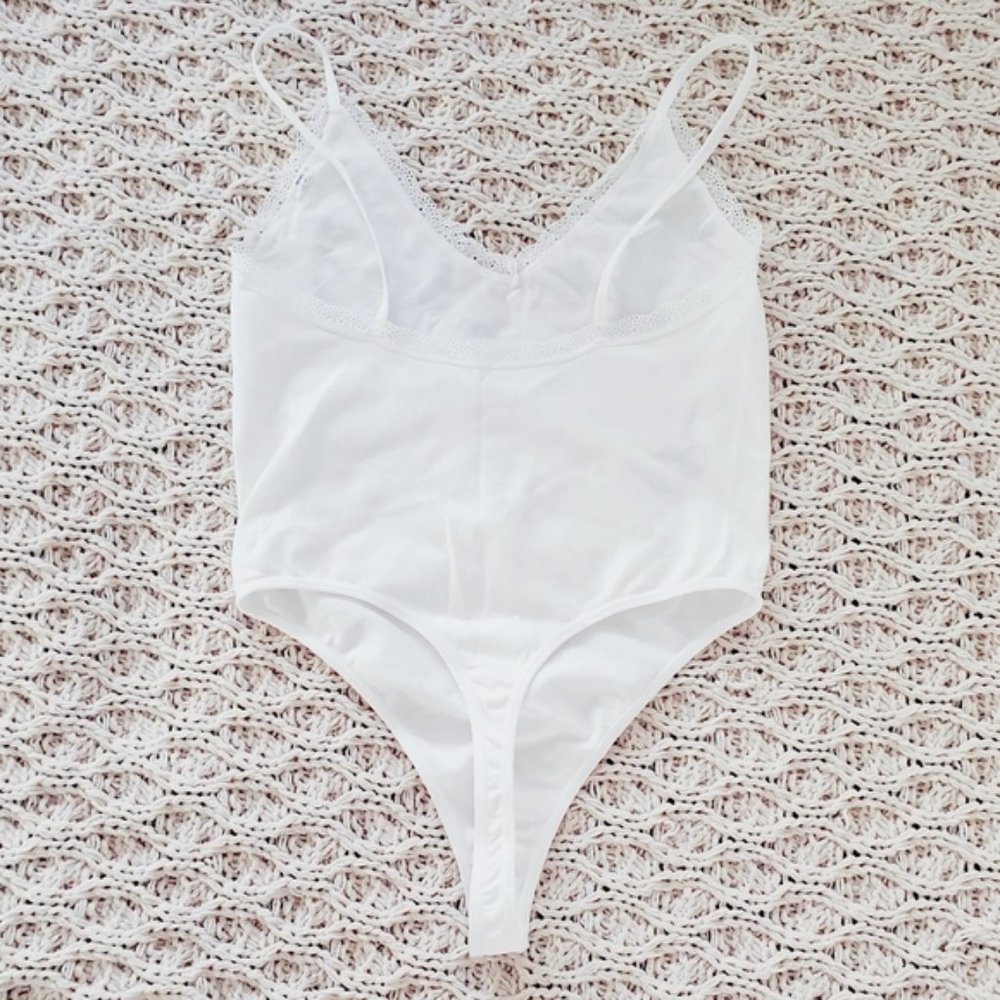 Forever 21 V Neck Strappy Thong Bodysuit Onesie- White